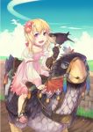  1girl bird blonde_hair dress era_(traveling_bird) flower gloves hair_flower hair_ornament original riding short_hair sky smile solo violet_eyes 