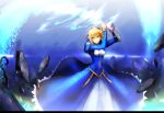  1girl ahoge big.g blonde_hair dress excalibur fate_(series) green_eyes invisible_air saber solo sword weapon 