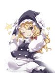  1girl blush bow grin hair_bow hat hat_bow holding holding_hat kirisame_marisa long_hair mayuge_inu one_eye_closed smile solo star touhou wink witch_hat yellow_eyes 