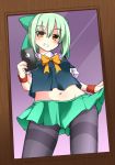  1girl blush brown_eyes cellphone gin_(shioyude) green_hair grin kantai_collection mirror navel pantyhose phone self_shot skirt skirt_lift smile solo yuubari_(kantai_collection) 