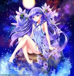  1girl barefoot blue_eyes blue_hair cu-rim dress flower legs long_hair moon night original sitting sky smile soaking_feet solo star_(sky) starry_sky water 