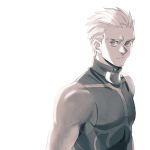  1boy archer bare_shoulders fate/stay_night fate_(series) greyscale jacket jacket_removed monochrome solo tam_(cuq) 