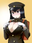  1girl akitsu_maru_(kantai_collection) backpack bag black_hair breasts cleavage dha gloves hat kantai_collection large_breasts naval_uniform open_clothes open_mouth open_shirt personification short_hair solo white_gloves 
