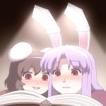  2girls :3 animal_ears blush book brown_hair colored_pencil_(medium) commentary_request inaba_tewi lamp millipen_(medium) multiple_girls open_mouth purple_hair rabbit_ears reading red_eyes reisen_udongein_inaba shirosato smile touhou traditional_media wavy_mouth 