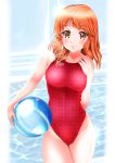  1girl ball brown_eyes competition_swimsuit highres one-piece_swimsuit orange_hair original parted_lips reiji-sss short_hair speedo_(company) standing swimsuit 
