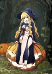  1girl anklet barefoot blonde_hair cape feet green_eyes halloween hat highres jack-o&#039;-lantern jewelry legs long_hair navel pumpkin smile solo tagme toes tree very_long_hair witch_hat 