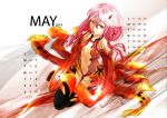  1girl absurdres bare_shoulders black_legwear breasts calendar center_opening cleavage detached_sleeves fingerless_gloves gloves guilty_crown hair_ornament hairclip hands_on_own_chest highres long_hair looking_at_viewer navel open_mouth pink_hair red_eyes sitting solo thigh-highs twintails wallpaper yuzuriha_inori 