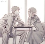  1boy 1girl desk emiya_shirou fate/stay_night fate_(series) fujimura_taiga greyscale monochrome school_uniform tam_(cuq) 