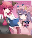  2girls ascot blush book bust capelet crescent dress_shirt hammer_(sunset_beach) hat head_wings koakuma long_hair multiple_girls open_mouth patchouli_knowledge purple_hair reading red_eyes redhead shirt smile table touhou triangle_mouth violet_eyes 