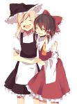  2girls apron ascot black_dress blonde_hair bow brown_hair closed_eyes detached_sleeves dress hair_bow hair_tubes hakurei_reimu hat holding_hands interlocked_fingers kirisame_marisa laughing multiple_girls open_mouth puffy_short_sleeves puffy_sleeves red_dress short_sleeves smile touhou waist_apron wide_sleeves witch_hat yamori_shiki 