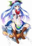 1girl between_legs blue_hair blue_skirt boots food frills fruit gradient_hair hair_between_eyes hand_between_legs hat highres hinanawi_tenshi keystone knee_boots long_hair looking_at_viewer multicolored_hair peach puffy_short_sleeves puffy_sleeves red_eyes ribbon short_sleeves sitting skirt solo suzuka_sario touhou