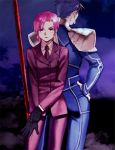  1boy 1girl bazett_fraga_mcremitz earrings fate/hollow_ataraxia fate/stay_night fate_(series) formal gae_bolg gloves jewelry lancer pant_suit polearm purple_hair short_hair spear suit tam_(cuq) violet_eyes weapon 
