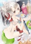  1girl 218 amatsukaze_(kantai_collection) ass bath bathing blush brown_eyes kantai_collection long_hair looking_at_viewer nude personification silver_hair sitting soap solo striped striped_legwear thigh-highs towel twintails water wet white_hair 