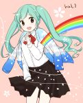  1girl absurdres aqua_hair cardigan hatsune_miku heart heart-shaped_pupils highres open_mouth rainbow school_uniform skirt solo symbol-shaped_pupils twintails vocaloid yukiu_kon 