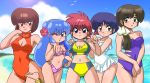  5girls bikini blue_eyes blue_hair brown_eyes brown_hair causal_one-piece_swimsuit double_bun highres long_hair multiple_girls one_eye_closed purple_hair ranma-chan ranma_1/2 redhead saotome_ranma shampoo_(ranma_1/2) short_hair swimsuit tendou_akane tendou_kasumi tendou_nabiki wantan-orz wink 