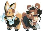  2girls apron bear black_hair bowtie breasts brown_hair cleavage fox furry grin highres koki_(ryoushikiha) large_breasts leaning_forward long_hair maid maid_headdress multiple_girls one_eye_closed open_mouth original simple_background smile standing white_background wink 