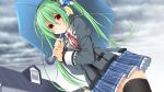  1girl dodome-iro_mayonnaise green_hair highres long_hair red_eyes solo thigh-highs twintails umbrella 