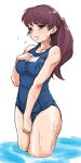  1girl bare_shoulders brown_hair flying_sweatdrops long_hair minato_fumi one-piece_swimsuit original partially_submerged ponytail revision school_swimsuit solo sweat swimsuit wading water 