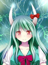  1girl bow breasts bust cleavage collarbone ex-keine green_hair horn_ribbon horns kamishirasawa_keine kozue_akari large_breasts lightning long_hair looking_at_viewer pink_eyes puffy_short_sleeves puffy_sleeves ribbon short_sleeves smile solo touhou 