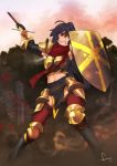  armor blood brown_eyes clenched_teeth feguimel highres knee_pads purple_hair scarf shield sword thigh-highs weapon 