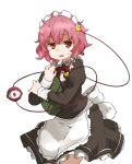  1girl alternate_costume amonitto apron black_dress dress enmaided juliet_sleeves komeiji_satori long_sleeves looking_at_viewer maid maid_headdress object_hug open_mouth pink_hair puffy_sleeves red_eyes simple_background solo sweat third_eye touhou tray waist_apron white_background 
