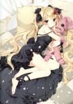 1girl absurdres ankle_ribbon bare_shoulders barefoot black_dress blonde_hair bow brown_eyes dress flower frown hair_bow hair_flower hair_ornament highres long_hair lying object_hug on_side original peko petals solo strap_slip stuffed_toy twintails very_long_hair 