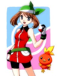  1girl :d bandana bike_shorts blue_eyes breasts brown_hair gloves haruka_(pokemon) haruka_(pokemon_emerald) hat nanashishi_(ellenjp) open_mouth poke_ball pokemon pokemon_(creature) pokemon_(game) pokemon_rse smile torchic 