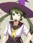  1girl fairy_(kantai_collection) green_eyes green_hair hat kantai_collection kinosita_ginkou long_hair looking_at_viewer mouth_hold one_eye_closed school_uniform serafuku simple_background solo star wink witch_hat 
