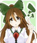  1girl :&lt; ? absurdres bangs bow breasts brown_eyes brown_hair bust goku_(acoloredpencil) green_background hair_bow highres large_breasts long_hair looking_up pointing ponytail reiuji_utsuho simple_background solo third_eye touhou 