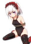  1girl arms_behind_back blush chaika_bogdan hairband hitsugi_no_chaika lolita_hairband looking_at_viewer nosuku one-piece_swimsuit rope short_hair silver_hair simple_background small_breasts solo swimsuit thighhighs tied_up violet_eyes white_background 