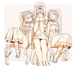  3girls blindfold dress euryale fate/stay_night fate_(series) monochrome multiple_girls rider sandals siblings sisters stheno tam_(cuq) twintails 