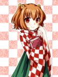  1girl bell book checkered checkered_background hair_bell hair_ornament japanese_clothes motoori_kosuzu red_eyes redhead solo touhou twintails wide_sleeves yuran_(kuen-hien) 