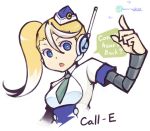  1girl alternate_color blonde_hair blue_eyes call_(mighty_no._9) call_e garrison_cap hat headset imaeda_koji long_hair lowres mighty_no._9 multicolored_hair necktie robot robot_joints side_ponytail solo two-tone_hair white_hair 