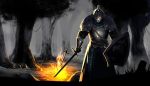  1boy armor bonfire dark_souls_2 fire full_armor fur_trim gauntlets helmet highres hullabaloo knight male shield solo souls_(from_software) sword weapon 