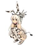 1girl :3 animal_ears bare_shoulders bell black_eyes blonde_hair blurry blush cow_bell cow_ears cow_print cow_tail crossed_arms depth_of_field elbow_gloves gloves hair_bell hair_ornament hairband highleg highleg_panties kantai_collection long_hair looking_at_viewer onsen_nakaya panties shimakaze_(kantai_collection) simple_background skirt solo squatting tail thigh-highs underwear white_background zettai_ryouiki 