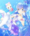  1girl alternate_form ballerina blue blue_background blue_eyes blue_hair blue_skirt choker creature crown cure_princess dress earrings grin hair_bun happinesscharge_precure! jewelry long_hair magical_girl masatome pantyhose precure ribbon_(happinesscharge_precure!) sherbet_ballet shirayuki_hime skirt smile strapless_dress twintails white_legwear 