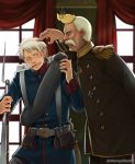  2boys axis_powers_hetalia bayonet bird blonde_hair blue_eyes brown_eyes civilization_5 crossover germany_(hetalia) gun hat military military_uniform multiple_boys musket otto_von_bismarck sherry_lai uniform weapon 