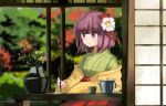  1girl flower hieda_no_akyuu highres hinami047 purple_hair short_hair solo touhou vase writing 