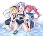  3girls ass barefoot blonde_hair blue_eyes blue_hair blush breasts cleavage curry fang food glasses hanging_breasts highres i-168_(kantai_collection) i-19_(kantai_collection) i-8_(kantai_collection) kneeling large_breasts multiple_girls nishieda open_mouth pink_eyes ponytail red-framed_glasses redhead school_swimsuit school_uniform serafuku smile soles swimsuit thigh-highs 