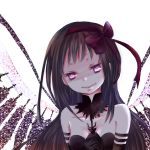  1girl akemi_homura akuma_homura black_hair bow choker dress elbow_gloves feathered_wings gloves hair_bow long_hair looking_at_viewer mahou_shoujo_madoka_magica mahou_shoujo_madoka_magica_movie shaded_face simple_background smile solo violet_eyes white_background wings 