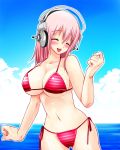  1girl bikini breasts cleavage closed_eyes headphones ichi/mine large_breasts long_hair nitroplus open_mouth pink_hair smile solo striped striped_bikini striped_swimsuit super_sonico swimsuit 