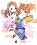  brown_hair green_eyes hairband idolmaster long_hair minase_iori overalls ribbon rougetsu smile stuffed_animal stuffed_toy takatsuki_yayoi twintails violet_eyes 