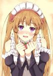  1girl apron blush brown_hair detached_sleeves elf long_hair looking_at_viewer maid maid_headdress myuseru_foaran open_mouth outbreak_company pointy_ears ponishi. solo twintails violet_eyes 