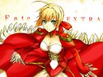  1girl ahoge blonde_hair breasts cleavage copyright_name dress epaulettes fate/extra fate_(series) green_eyes hair_ribbon ribbon saber_extra smile solo 