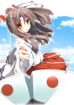  1girl absurdres brown_eyes brown_hair clouds flat_chest fuuna hachimaki hair_ribbon headband high_ponytail highres japanese_clothes japanese_flag kantai_collection light_brown_hair long_hair muneate open_mouth paper_airplane personification ponytail ribbon shorts sky solo zuihou_(kantai_collection) 
