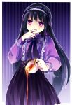  1girl akemi_homura alternate_costume biting black_hair bow cup finger_biting hand_to_own_mouth long_hair looking_at_viewer mahou_shoujo_madoka_magica maid_headdress neruko smile solo spilling tagme tea teacup violet_eyes 