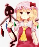  1girl ascot blonde_hair eyelashes flandre_scarlet hat hat_ribbon laevatein looking_at_viewer mob_cap outline parted_lips red_eyes ribbon short_hair short_sleeves side_ponytail simple_background skirt skirt_set solo tororo_(yashiro) touhou white_background wings wrist_cuffs 