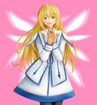  1girl :d black_legwear blonde_hair blue_eyes collet_brunel dress hands_clasped highres long_hair open_mouth pantyhose pink_background segawa-a smile solo tales_of_(series) tales_of_symphonia wings 