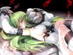  1girl armpits blush breasts c.c. claws code_geass cosplay creayus detached_sleeves green_hair kantai_collection long_hair looking_at_viewer ribbed_sweater seaport_hime seaport_hime_(cosplay) sideboob solo sweater yellow_eyes 