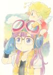  2girls agahari antennae blonde_hair blue_eyes blue_gloves colored_pencil_(medium) dr._slump glasses gloves goggles_on_hat hat long_hair multiple_girls norimaki_arale norimaki_gajira purple_hair short_hair short_sleeves traditional_media 